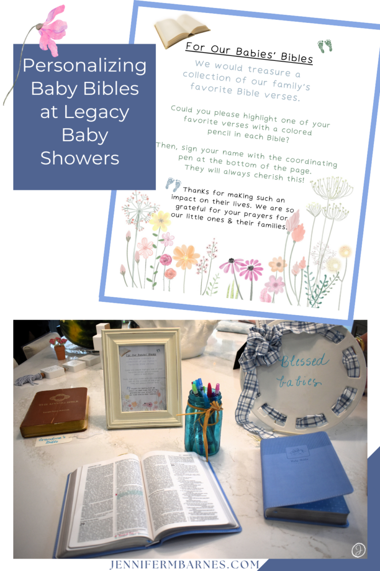 Image sharing a photograph and instructions for guests to personalize the new baby's Bible at a meaningful baby shower