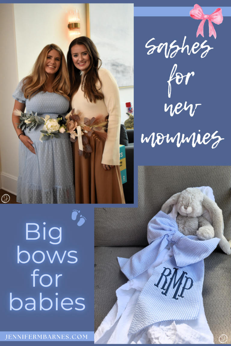Photos showing expectant mothers wearing maternity sashes at a baby shower and a stuffed rabbit encircled by a monogrammed bow.