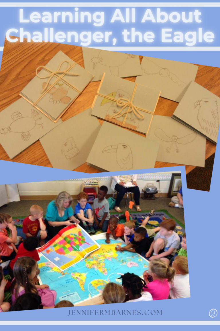 Our kindergartners learned all about Challenger the Eagle through a picture book, following his performances on a map, and sketching eagles in our sketchpads and on our card designs.